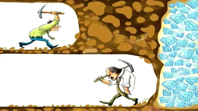 Image of two people in a mine. One person is giving up one hit short from the diamonds, the other one is continuing, whilst still being further away.